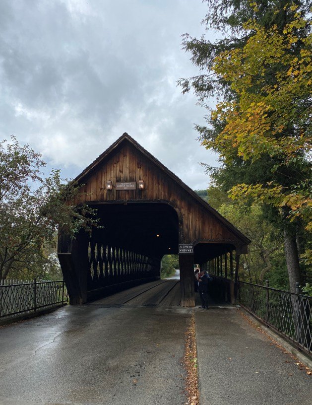 A covered bridge with trees and a cloudy sky with Covered bridge in the background
Description automatically generated