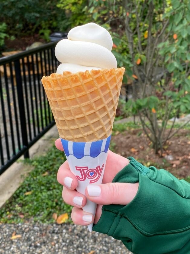 A hand holding an ice cream cone
Description automatically generated