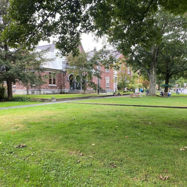 A lawn with trees and a building in the background
Description automatically generated