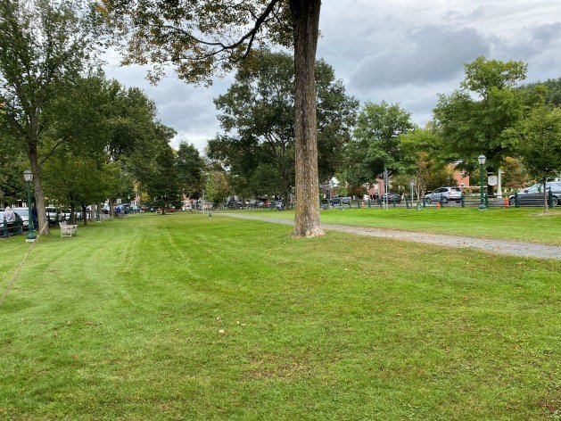 A park with trees and grass
Description automatically generated