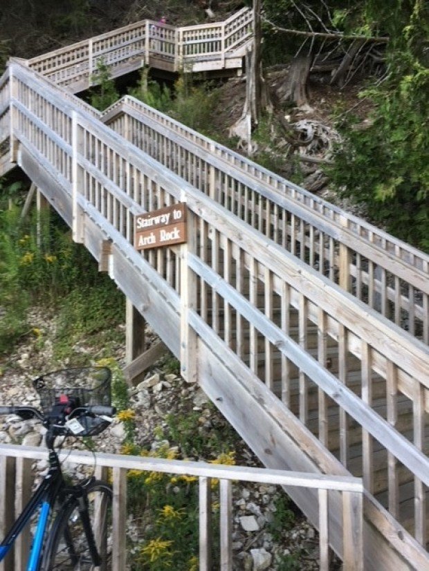 A wooden stairs leading up to a mountain

Description automatically generated